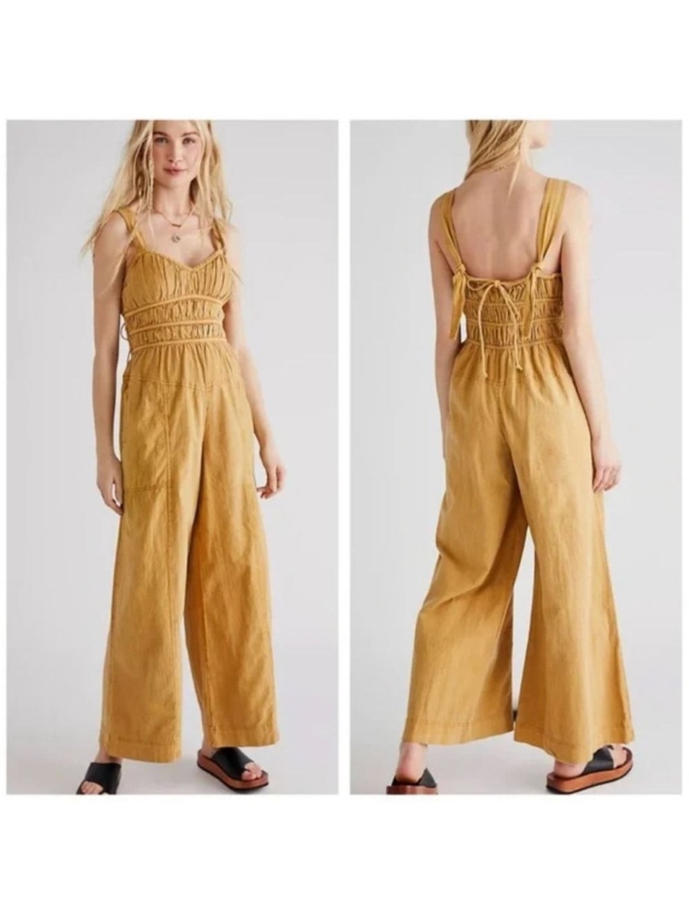 Free People Smocked Mustard Wide-Leg Jumpsuit